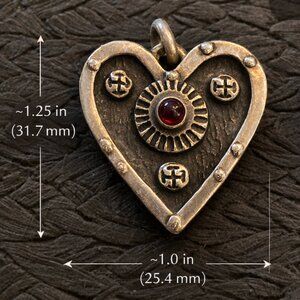 Heavy Artisan .925 Sterling Silver Heart Pendant with Garnet .8oz.